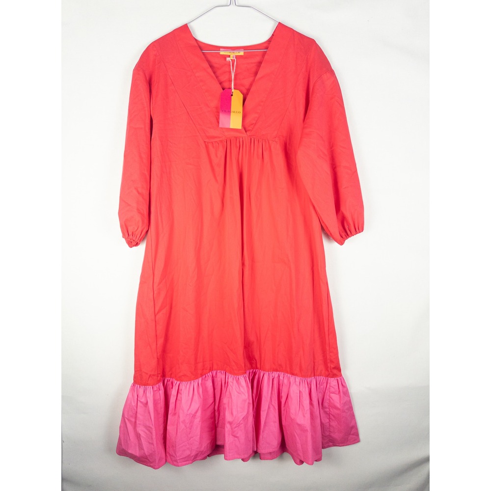 Vilagallo Cherry Poplin Midi Dress Womens IT 42 Coral Pink Ruffle Hem Resort Boh